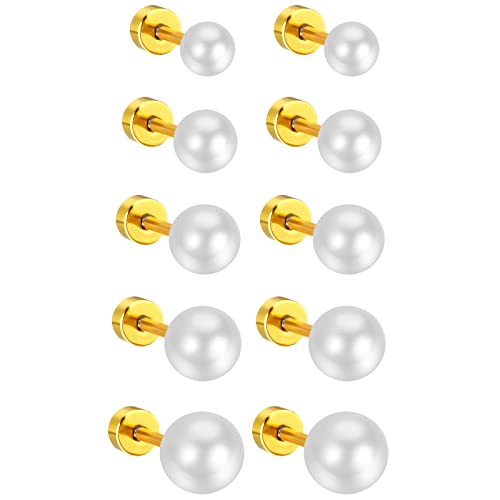 Aroncent 5 Paar Unisex Ohrstecker Set Edelstahl Imitation Perlen Kugel Ohrringe Ohr Piercing Geschenk für Herren Damen, Gold, 4mm/5mm/6mm/7mm/8mm von Aroncent