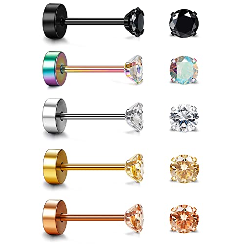 Aroncent Ohrstecker Zirkonia Ohrringe Set: 5 Paar 5mm Herren Damen Ohrstecker Set Klassische Edelstahl Zirkonia Runde Kreis Ohrringe Ohr Piercing Gold Silber Rosagold Schwarz Bunt von Aroncent