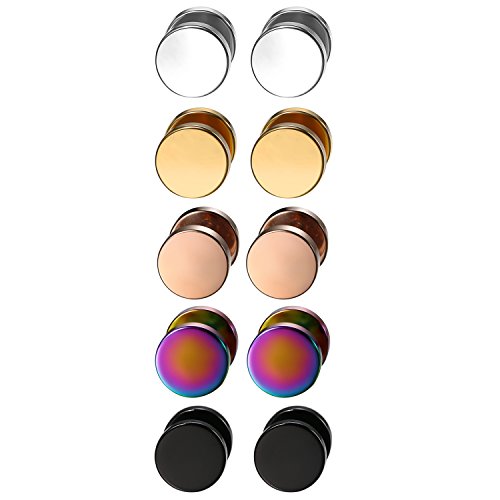 Aroncent Runde Kreis Ohrstecker Set: 5 Paare 8mm Edelstahl Fake Plug Ohrringe Tunnel Piercing Punk für Herren Damen Schwarz Gold Silber Rosegold Farbig von Aroncent