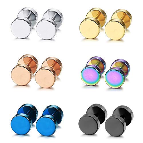 Aroncent 6 Paar Herren Runde Ohrstecker Set 8mm Edelstahl Fake Plugs Ohrringe Illusion Tunnel Ohr Cheater Piercing, Gold Schwarz Silber Rosegold Blau Bunt von Aroncent
