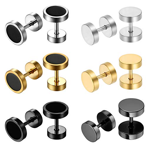 Aroncent Kreis Rund Ohrstecker Fakeplugs: 6 Paare Damen Herren Fake Plug Tunnel Hip Hop Edelstahl Fakeplug Ohrringe Creolen Ohr Piercing Fakeplugs Tunnel 8mm Schwarz Silber Gold von Aroncent