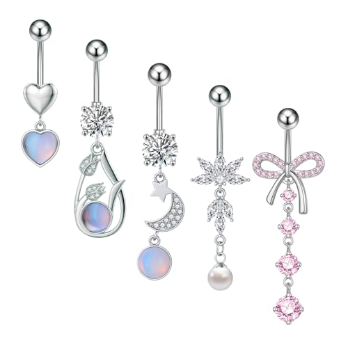 Aroncent 6 Stück Bauchnabelpiercing Set: Edelstahl Bauchpiercing Nabelpiercing Nabelpiercing Barbell Schmuck mit Schleife Mond Herz Quaste Anhänger niedliches Piercing Set für Damen von Aroncent