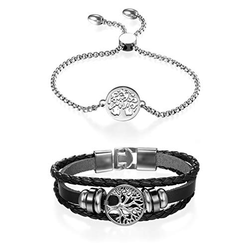 Aroncent Armband Partnerarmbänder Liebespaar mit Lebensbaum Design Edelstahl und Mehrschichtige Lederarmreif Silber & Schwarz von Aroncent