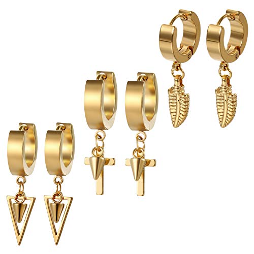 Aroncent Creolen Ohrringe Anhänger Set: 3 Paare Edelstahl mit Feder Kreuz Dreieck Verjüngung Ohrhänger Ohrstecker Huggie Ohrpiercing Ohrringeset Gold von Aroncent