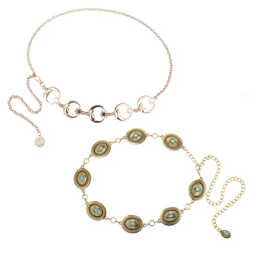 Aroncent Damen Boho Taillenkette mit Türkis – 2 Stück Verstellbare Vintage Metall Kettengürtel im Western BohoSchmuck Bohemian Stil Modischer Cowboy Gürtel Gold von Aroncent
