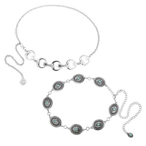 Aroncent Damen Boho Taillenkette mit Türkis – 2 Stück Verstellbare Vintage Metall Kettengürtel im Western BohoSchmuck Bohemian Stil Modischer Cowboy Gürtel Silber von Aroncent