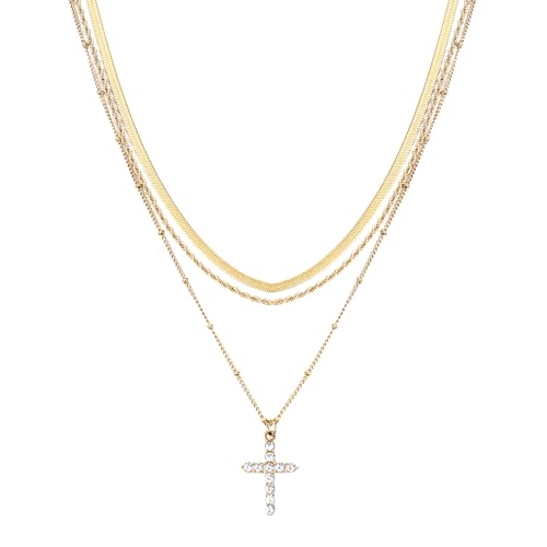 Aroncent Damen Halskette Kreuz Anhänger: 14K Vergoldete Edelstahl Mehrlagige Schichtkette Feiner Schmuck zum Stapeln Elegantes Geschenk für Frauen von Aroncent