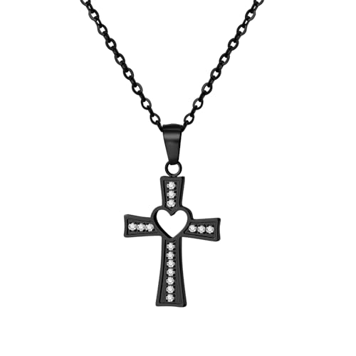 Aroncent Damen Halskette Kruez Anhänger: Schwarz Edelstahl Kette Jesus Christliches mit Zirkonia Halsschmuck Schlichtes Raffiniertes Religiöses Schmuckstück von Aroncent