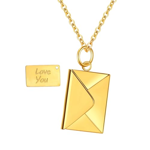 Aroncent Damen Halskette Liebesbrief Anhänger: Edelstahl Paar Bekennungsliebesbrief Umschlagform Halskette Öffnbare Erinnerungs Halskette für Verlobung Gold von Aroncent