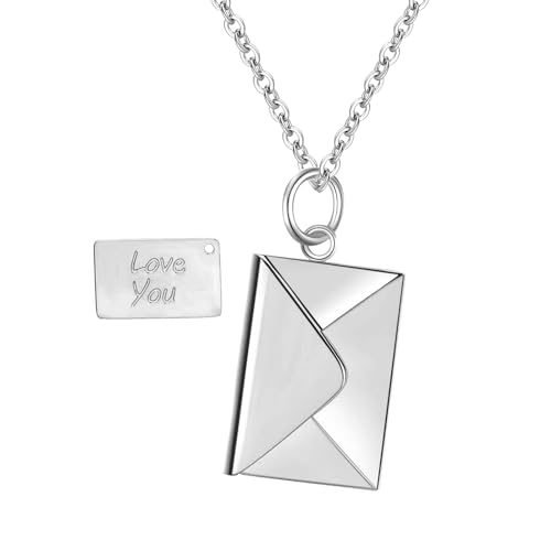 Aroncent Damen Halskette Liebesbrief Anhänger: Edelstahl Paar Bekennungsliebesbrief Umschlagform Halskette Öffnbare Erinnerungs Halskette für Verlobung Silber von Aroncent