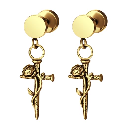 Aroncent Damen Herren Ohrringe Ohrstecker: Creolen Kreuz Hängend Anhänger Chirurgischer Schrauben Piercing Studs Plug Ohr Schmuck Set Rosenkranz Gold von Aroncent