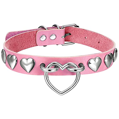 Aroncent Damen Herz Halskette Choker Halsband Leder Halskette Punk Gothic Stil verstellbare Choker Halsreif für Frauen Mädchen Damen, Pink von Aroncent