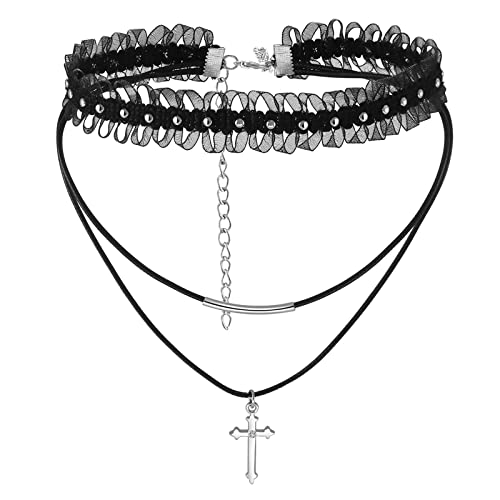 Aroncent Damen Kreuz Halskette Niete Choker Halsband Spitze Leder Halskette Choker Kreuz Anhänger Halsreif für Frauen Mädchen Damen von Aroncent