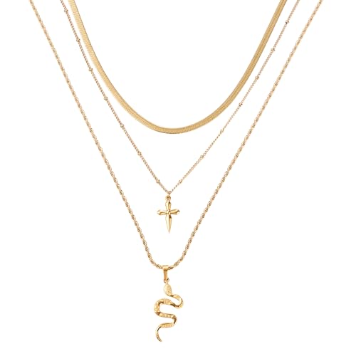 Aroncent Damen Kreuz Schlange Halskette: 14K vergoldete Edelstahl Layering Kette mit Kreuzanhänger Schlangenanhänger Mehrlagige Chevron Kette Stapelbarer Schmuck Elegantes Geschenk für Frauen von Aroncent