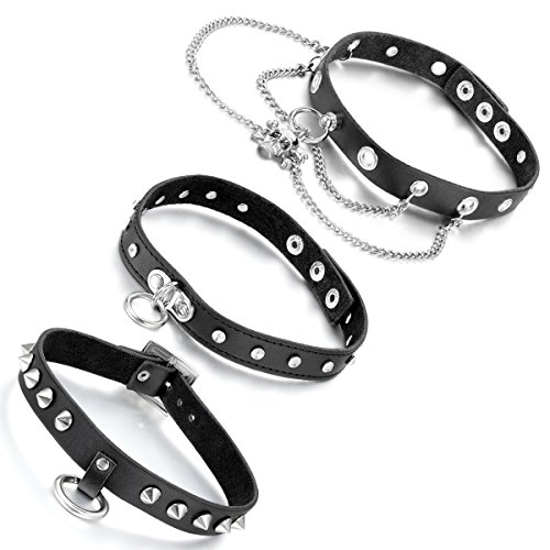 Aroncent Damen Leder Choker Kette: 3PCS Leder Legierung Rock Punk Schädel Ring Kreis Nieten Halsband Halskette Verstellbar Schwarz Silber von Aroncent