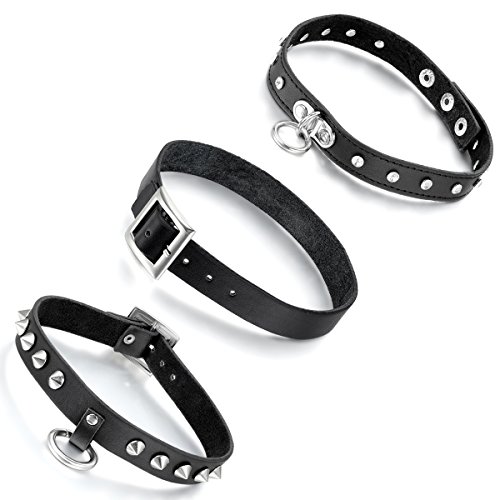 Aroncent Damen Leder Choker Kette: 3PCS Legierung Rock Punk Ring Kreis Nieten Choker Halsband Halskette Verstellbar Schwarz Silber von Aroncent