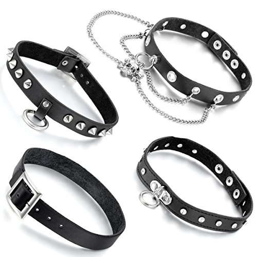 Aroncent Damen Leder Choker Kette: 4PCS Leder Legierung Rock Punk Schädel Ring Kreis Nieten Choker Halsband Halskette Verstellbar Schwarz Silber von Aroncent