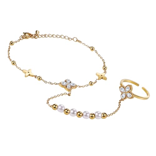 Aroncent Damen Perlen Armband Ring: Elegantes Perlenarmband mit Blumen Strasssteinen und Edelstahl Verstellbares Armband Ring Set für Frauen von Aroncent