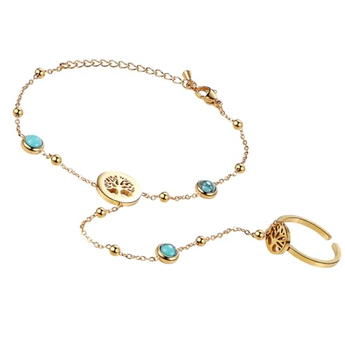 Aroncent Damen Perlen Armband Ring: Elegantes Perlenarmband mit Türkis Lebensbaum und Edelstahl Verstellbares Armband Ring Set für Frauen von Aroncent