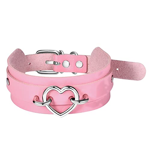 Aroncent Damen Herz Choker Halsband: Pink Leder Gothic Punk Rock Choker Exquisit Herz Metalllegierung Lederhalskette Halskette Kette Verstellbaren Größen von Aroncent
