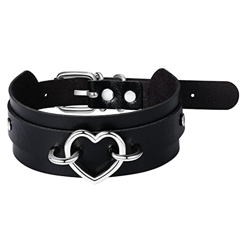 Aroncent Damen Punk Choker Halsband Halskette - Schwarz Leder Gothic Rock Choker Exquisit Herz Metalllegierung Lederhalskette Kette Verstellbaren Größen von Aroncent