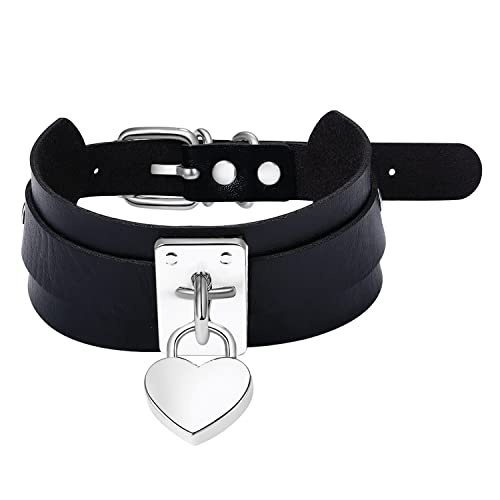 Aroncent Damen Punk Choker Halsband Halskette - Schwarz Leder Gothic Rock Choker Exquisit Herz Metalllegierung Lederhalskette doppelt Kette Verstellbaren Größen von Aroncent