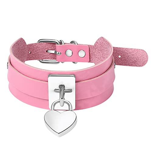 Aroncent Damen Punk Gothic Rock Choker - Pink Leder Halsband Halskette Choker Exquisit Herz Metalllegierung Lederhalskette doppelt Kette Verstellbaren Größen von Aroncent