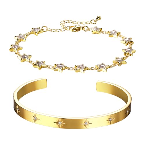 Aroncent Damen Stern Armband Set: 14K vergoldeter Edelstahl Armkette Armreif mit Zirkonia Feiner Goldschmuck als Geschenk für Frauen von Aroncent