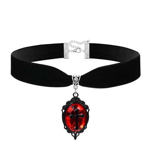 Aroncent Gothic Punk Choker Damen: Schwarzer Samt Halsreif mit Kreuz Rubin Anhänger Halskette Set für Halloween Cosplay Dark Fashion von Aroncent