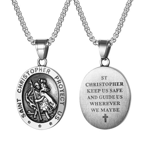 Aroncent Heiliger Christophorus Anhänger Halskette: Herren Damen Edelstahl Katholisches Schutzamulett Kette Reiseschutz Pendent Christliches Geschenk mit Schutzengel Gravur Religiöser Schmuck Silber von Aroncent