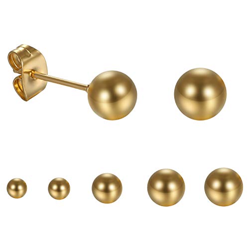 Aroncent Herren Damen Ohrringe, 5 Paare (10pcs) Kugel Ohrstecker, Edelstahl, Gold von Aroncent