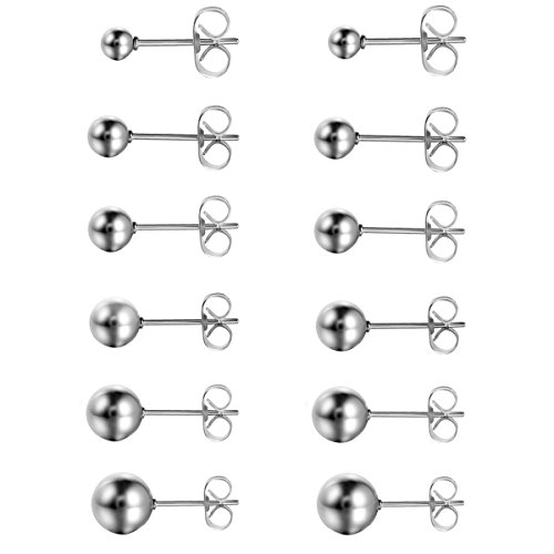 Aroncent Unisex Perle Ohrstecker Set: 6 Paar Edelstahl Imitation Perlen Kugel Ohrringe Ohr Piercing Geschenk für Herren Damen Silber 3mm 4mm 5mm 6mm 7mm 8mm von Aroncent
