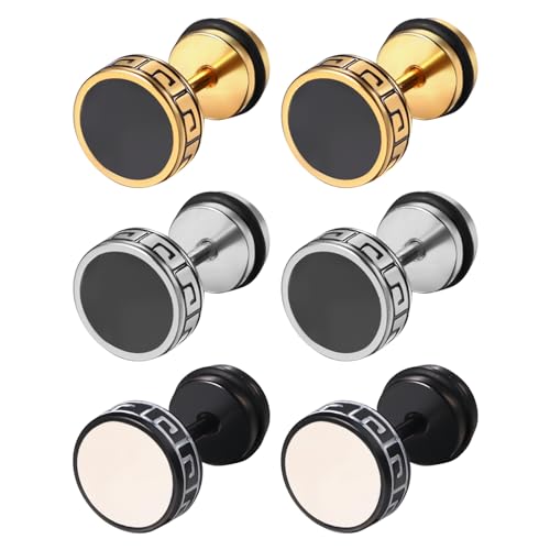 Aroncent Herren Damen Ohrstecker Ohrringe: 3 Paare Edelstahl Ohrschmuck Fake Plug Fakeplugs Tunnel Silber Schwarz Gold von Aroncent