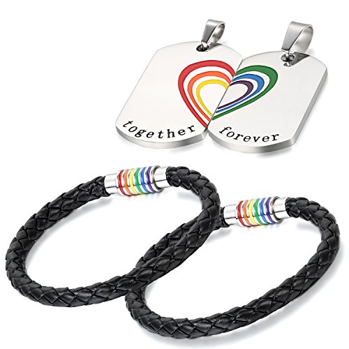 Aroncent Herren Damen Regenbogen Schmuck Set - 4PCS Rainbow LGBT Charms Kette Halskette Armband Armreif Armschmuck Handgelenk Leder Edelstahl Mehrfarbig von Aroncent