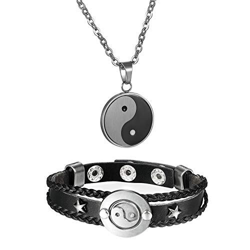 Aroncent Herren Halskette mit Tai Chi Anhänger Verstellbar Armband Set Vintage Leder Armbänder Yin Yang Taijitu Schmuck von Aroncent