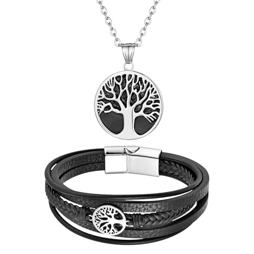 Aroncent Herren Lebensbaum Armband Anhänger: Edelstahl Vintage Viking Wikinger Halskette Armreif Lederarmband Modeschmuck Set Schwarz Silber von Aroncent