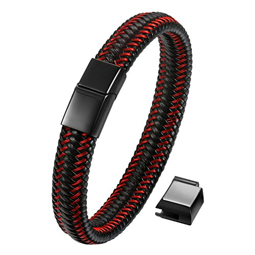 Aroncent Herren Leder Armband Rot Geflochten Armreif Manschette mit schwarz Edelstahl Magnetverschluss Einstellbare Größe 8,2"-8,7" (21-22cm) von Aroncent