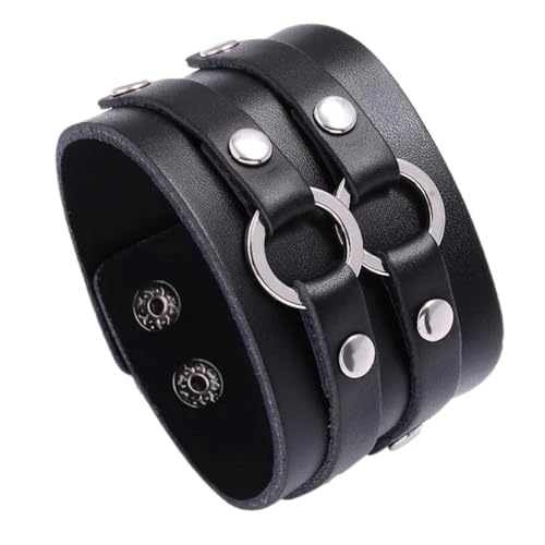 Aroncent Leder Armband Breit Herren: Doppelring Große Lederarmband für Herren Verstellbar Breit Herrenarmband Armkette Retro Punk Rock Armreifen Wickelarmband Surferarmband Schwarz von Aroncent