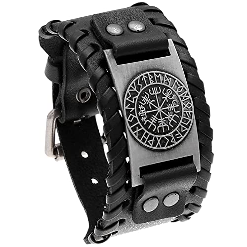 Aroncent Leder Armband Wikinger Armreifen für Herren, Verstellbar Breit Herrenarmband Armkette Retro Wickelarmband Surferarmband, Schwarz von Aroncent