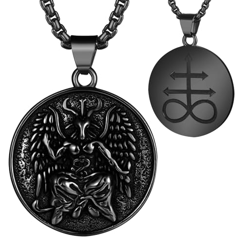 Aroncent Luzifer Amulett Halskette Baphomet: Herren Damen Doppelseitiges Design Edelstahl Satanische Ziege Anhänger Satanische Kirche Okkulten Schmuck Mystisches Schutzamulett Schwarz von Aroncent