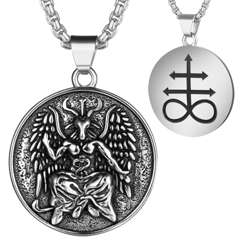 Aroncent Luzifer Amulett Halskette Baphomet: Herren Damen Doppelseitiges Design Edelstahl Satanische Ziege Anhänger Satanische Kirche Okkulten Schmuck Mystisches Schutzamulett Silber von Aroncent