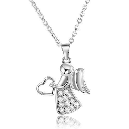 Aroncent Damen Halskette mit Engel Anhänger: Silber Kette 925 Engel Anhänger Damen Halskette Schmuck Weiß Silber für Frau Freundin Tochter Mädchen von Aroncent