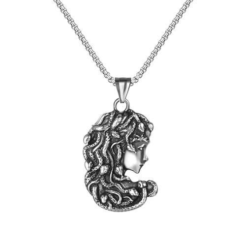 Aroncent Medusa Halskette Schlangenkopf Wikinger: Herren Damen Antike Griechische Mystischem Mythologie Schlangen Anhänger Kette Runen Amulett Gothic Punk Nordische Viking Schmuck Silber von Aroncent