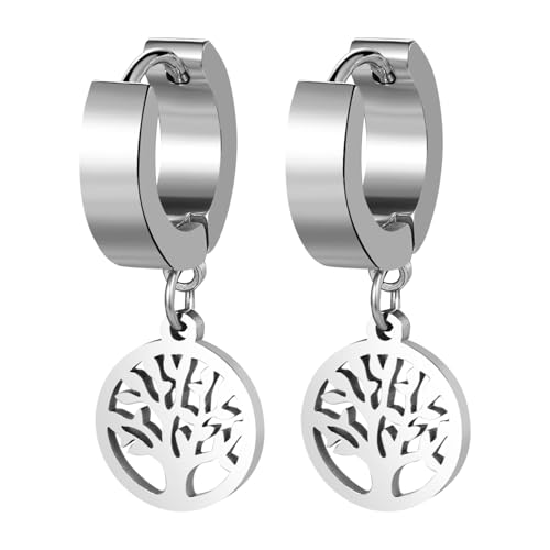 Aroncent Ohrringe Creolen Lebensbaum Anhänger: Herren Damen Edelstahl Retro Punk Huggie Hängend Ohrstecker Große Ohrlöcher Ohrschmuck Silber von Aroncent