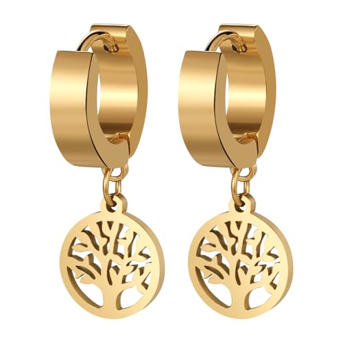 Aroncent Ohrringe Creolen Lebensbaum Anhänger: Herren Damen Edelstahl Retro Punk Huggie Hängend Ohrstecker große Ohrlöcher Ohrschmuck Gold von Aroncent