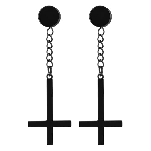Aroncent Ohrringe Umgekehrtes Kreuz Anhänger: Schwarz Herren Damen Edelstahl Vintage Punk Lang Ketten Ohrstecker ohne Ohrloch Jesus Ohrschmuck Set Modeschmuck von Aroncent