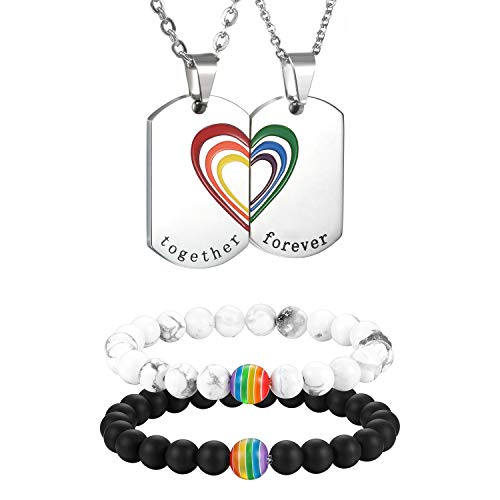 Aroncent Schmuck Set Regenbogen Halskette Armband, Rainbow Herz Kette Perlen Armreif LGBT Set Mehrfarbig von Aroncent