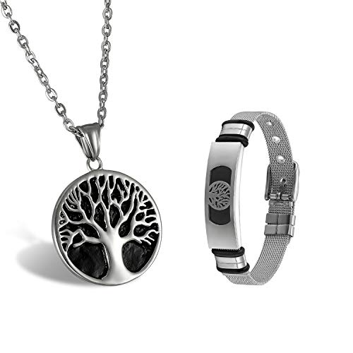 Aroncent Unisex Kette mit Lebensbaum Anhänger Verstellbar Armband Set Edelstahl Silber & Schwarz von Aroncent