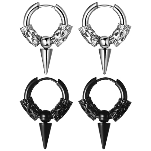 Aroncent Unisex Ohrring Spike Anhänger: 2 Paare Herren Damen Viking Huggie Ohrringe Creolen Punk Ohrschmuck Spitze Edelstahl Ohrstecker Schwarz Silber von Aroncent