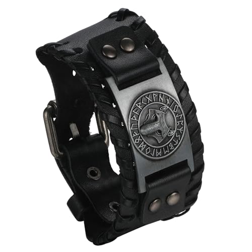 Aroncent Wikinger Wolfskopf Amulett Armband: Herren Damen Viking Armband Punk Nordische Lederarmbänder Manschettenarmband verstellbar Schwarz von Aroncent